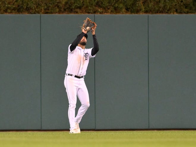 Tigers center fielder Riley Greene makes a catch to end the top of the seventh inning.