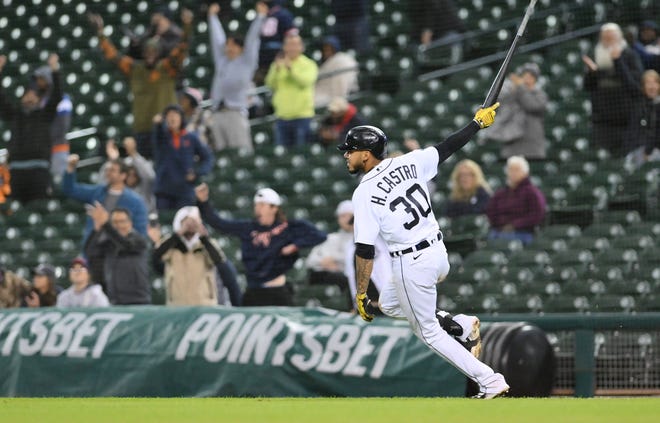 Detroit Tigers' Harold Castro hits a walk-off single in the 10th inning against the Kansas City Royals at Comerica Park on Sept. 27, 2022. The Tigers won, 4-3.