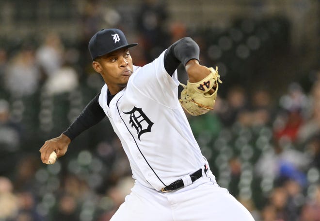 Tigers pitcher Angel De Jesus works in the seventh inning.