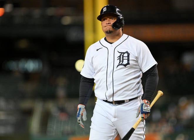 Tigers designated hitter Miguel Cabrera reacts after strike two in the fourth inning.