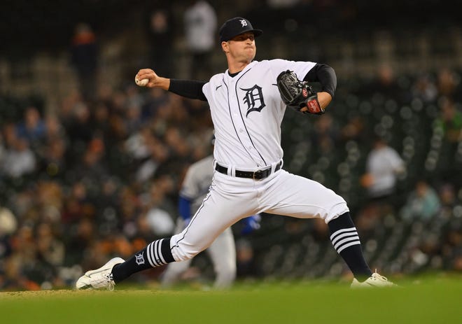 Tigers pitcher Garrett Hill works in the fourth inning at Comerica Park.