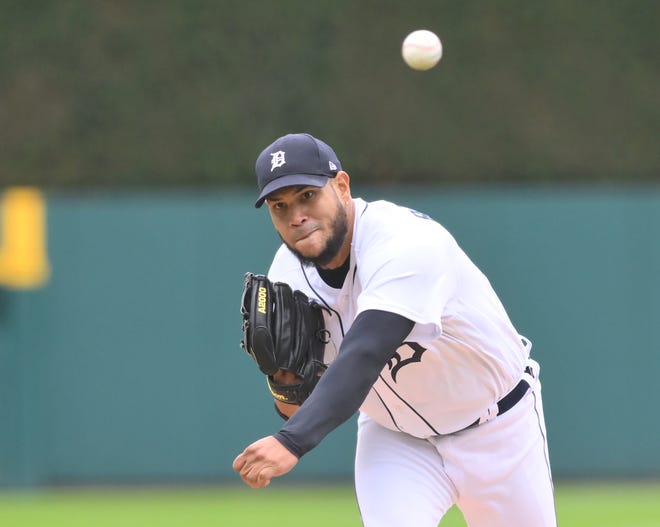Tigers pitcher Eduardo Rodriguez works in the first inning.