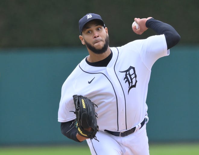 Tigers pitcher Eduardo Rodriguez works in the first inning.