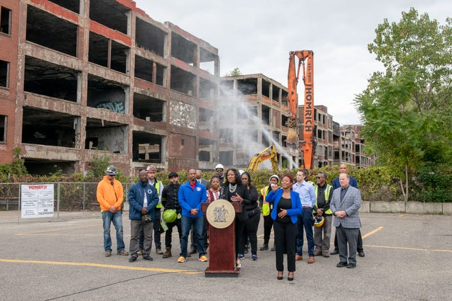 A press conference is held before the demolition of one building of the former Packard plant, in Detroit, September 29, 2022.