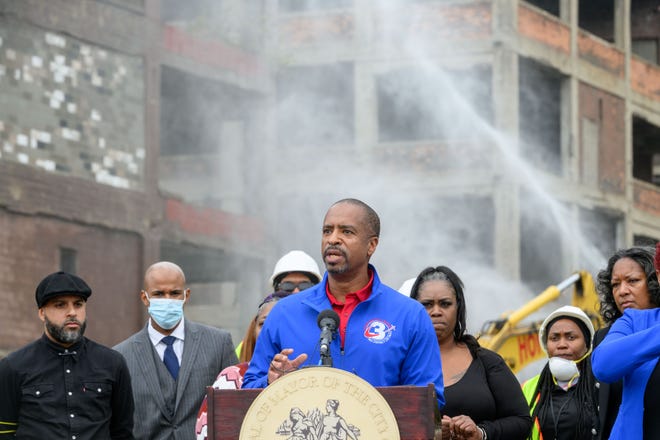 Detroit councilman Scott Benson speaks during a press conference before the demolition of one building of the former Packard plant, in Detroit, September 29, 2022.