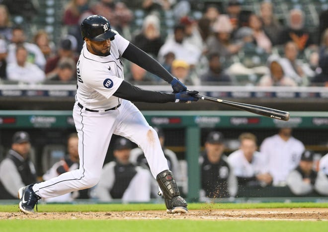 Detroit Tigers Jeimer Candelario grounds out in the second inning against the  Kansas City Royals.