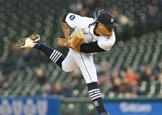 Tigers pitcher Gregory Soto works in the ninth inning.