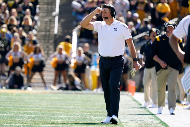 Iowa offensive coordinator Brian Ferentz watches from the sideline during the second half.