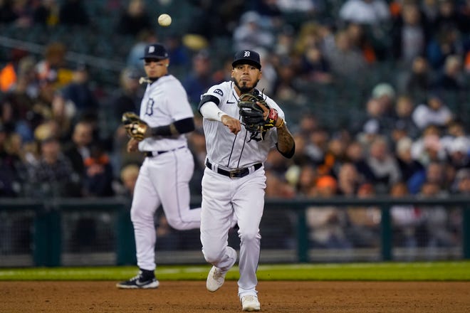 Detroit Tigers third baseman Jeimer Candelario throws out Minnesota Twins' Ryan Jeffers during the fifth inning.