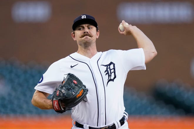 Detroit Tigers starting pitcher Tyler Alexander throws during the first inning.