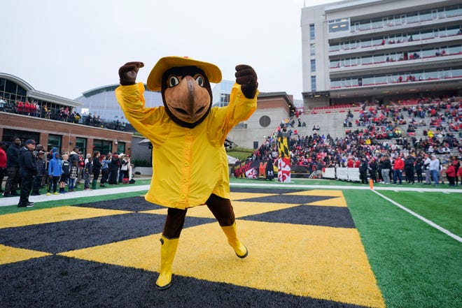 Testudo, the mascot of the University of Maryland, wears a raincoat during pregame introductions.