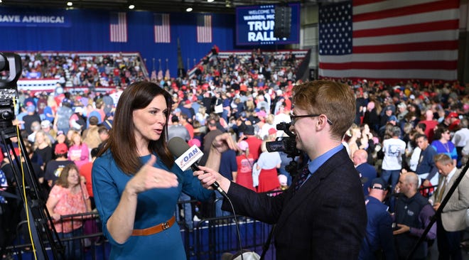 MI Republican Gubernatorial Candidate Tudor Dixon talks to a TV reporter after speaking at a Donald Trump rally at the Macomb Community College Sports & Expo Center in Warren, Saturday, October 1, 2022.