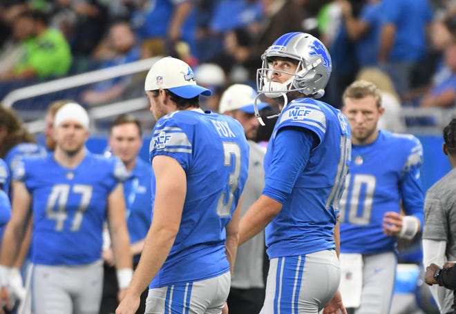 Detroit Lions quarterback Jared Goff stands on the sidelines near the end of the fourth quarter against the Seattle Seahawks at Ford Field on Sunday, Oct. 2, 2022. The Lions lost, 48-45.