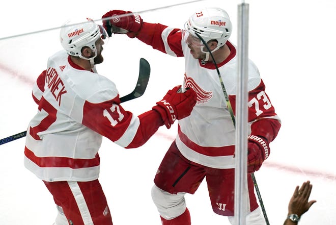 Detroit Red Wings left wing Adam Erne (73) is congratulated by Filip Hronek after his goal against Boston Bruins goaltender Jeremy Swayman during the second period of an NHL hockey game, Thursday, Oct. 27, 2022, in Boston. (AP Photo/Charles Krupa)