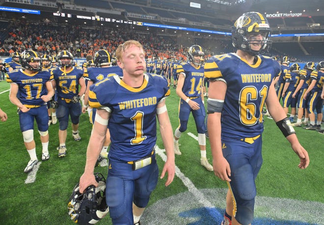 Whiteford's Shea Ruddy and Kyle Gray after the 26-20 victory over Ubly.