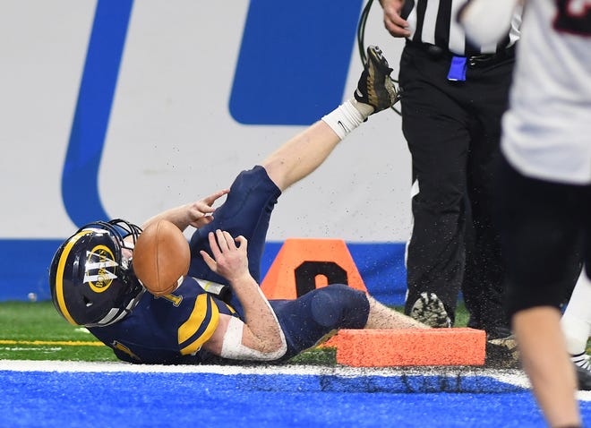 Whiteford’s Shea Ruddy is out of bounds before the goal line on the two point conversion in the second half.