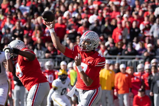 Ohio State quarterback C.J. Stroud throws a pass during the first quarter.