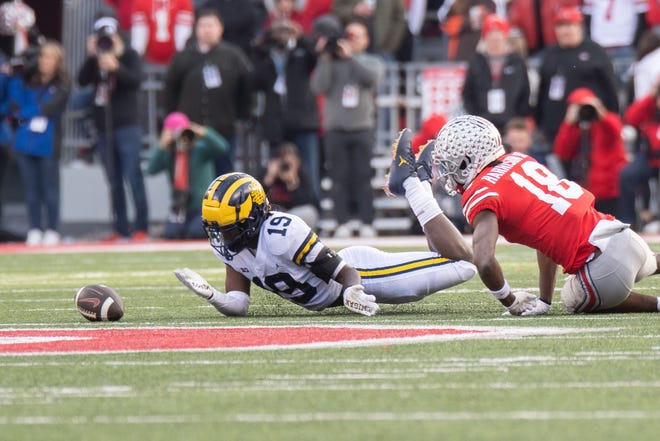Michigan defensive back Rod Moore almost had an interception on a pass intended for Ohio State cornerback Jyaire Brown during the fourth quarter.