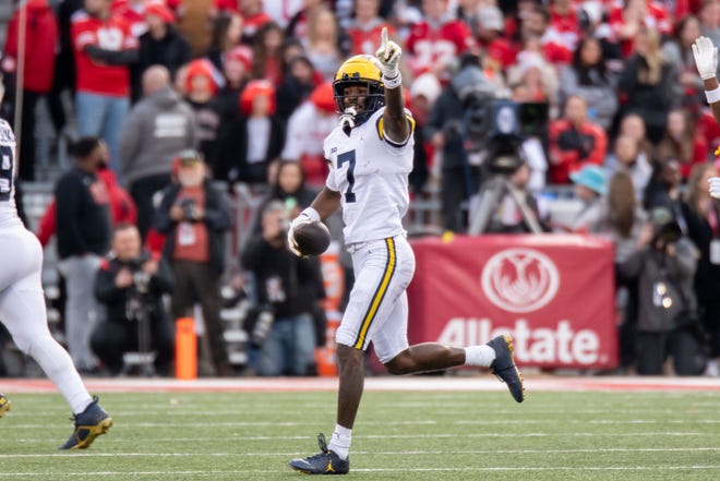 Michigan defensive back Makari Paige celebrates after an interception during the fourth quarter.