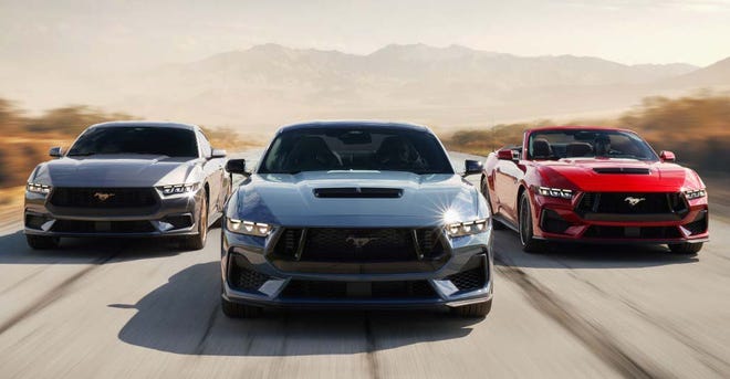 The 2024 Ford Mustang Dark Horse will be joined in the lineup by the Mustang Ecoboost (left) and GT (right).