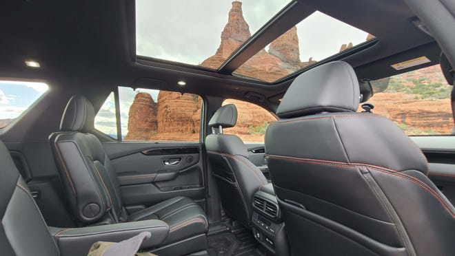 The panoramic roof in the 2023 Honda Pilot TrailSport enables better viewing of the sights for all passengers.