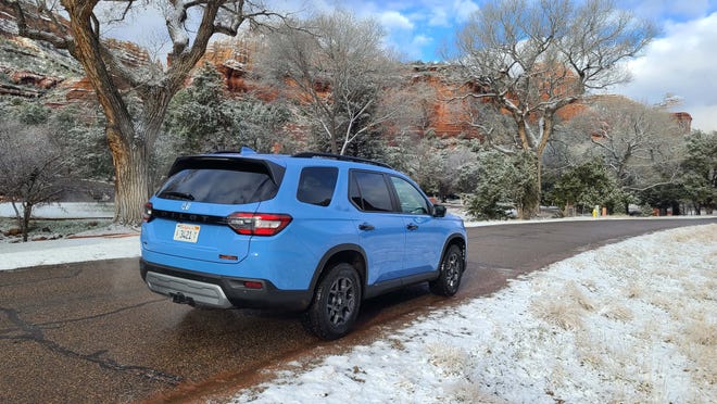 The 2023 Honda Pilot TrailSport offers eight color options, including a unique-to-TrailSport Diffused Sky Blue (pictured).