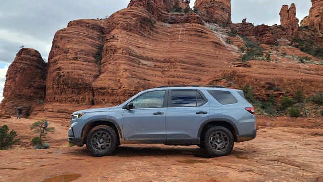 The 2023 Honda Pilot comes in front- or all-wheel drive. The TrailSport model (pictured here) is standard with AWD for trips to, say, Chicken Point, Sedona.
