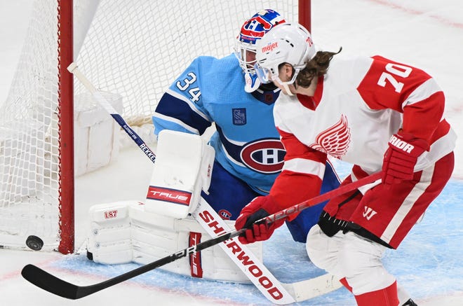 Detroit Red Wings' Oskar Sundqvist (70) moves in against Montreal Canadiens goaltender Jake Allen during second-period.