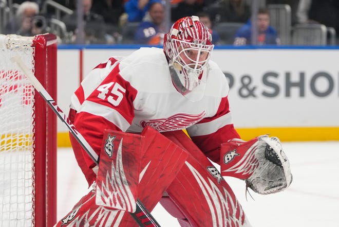 Detroit Red Wings goaltender Magnus Hellberg (45) protects his net during the second period.