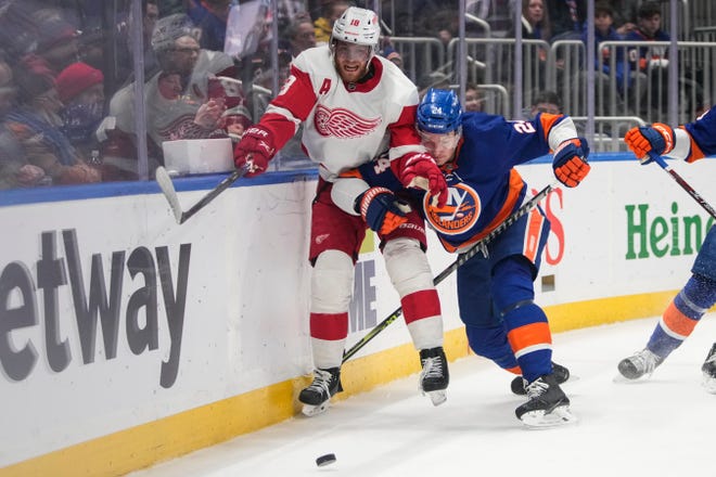 New York Islanders' Scott Mayfield (24) fights for control of the puck with Detroit Red Wings' Andrew Copp (18) during the first period.