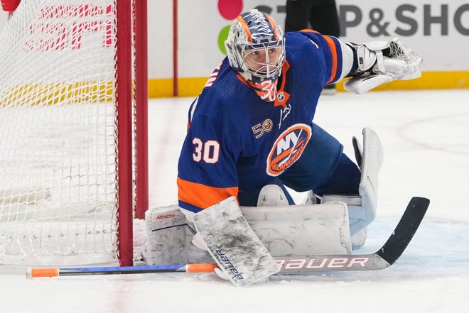 New York Islanders goaltender Ilya Sorokin (30) protects his net during the third period.