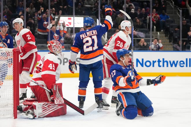 Detroit Red Wings goaltender Magnus Hellberg (45) reacts as New York Islanders' Anders Lee (27) celebrates after scoring a goal during the second period.