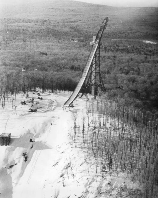 This giant slide 241 feet above the hilltop is expected to permit jumps of over 500 feet through space during the first ski flying tournament ever to be held in the Western Hemisphere one the Copper Peak Ski Flying hill near Ironwood Feb. 27 through March 1, 1970.