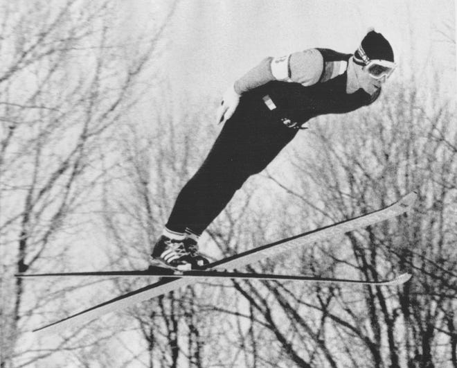 U.S. Ski Team member Jerry Martin, Minneapolis, at the North American Ski Flying Classic at Copper Peak Ironwood Michigan, February 11 1975.
