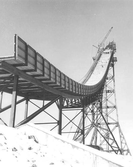 The Copper Peak Ski Flying Hill, under construction in 1969.