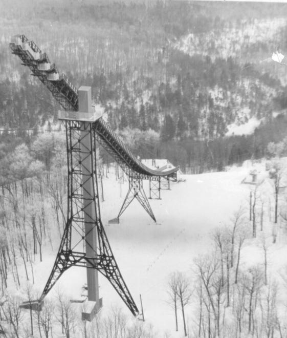 The North American Ski Flying Tournament will be held at this Copper Peak facility Feb. 27-28. Last year the site hosted the International Ski Flying tournament with Czechoslovakian Zbynek Huback jumping a record 440 feet. The slide stands 241 feet above the summit of the hill and 945 feet above nearby Lake Superior.