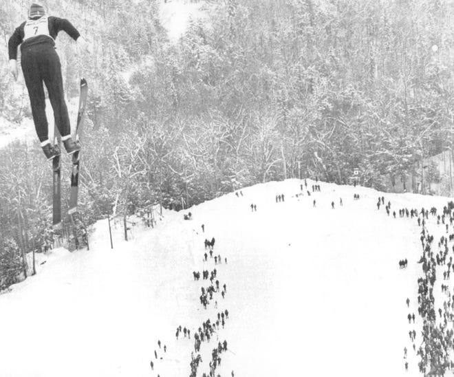 A flyer's few from takeoff, Frantisek, of the Czechoslovakia ski team, takes off on his third flight of the day's competition in the First International Ski Flying Meet at Copper Peak ski slide in 1970. A relatively small crowd saw the final day of the meet as another Czechoslovakian, Jeri Raska won the competition with a total of 356 points.