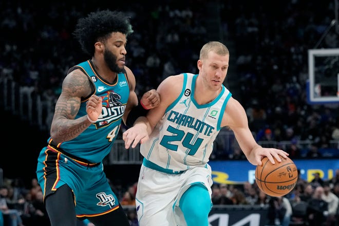 Charlotte Hornets center Mason Plumlee (24) is defended by Detroit Pistons forward Saddiq Bey (41) during the second half of an NBA basketball game, Friday, Feb. 3, 2023, in Detroit.
