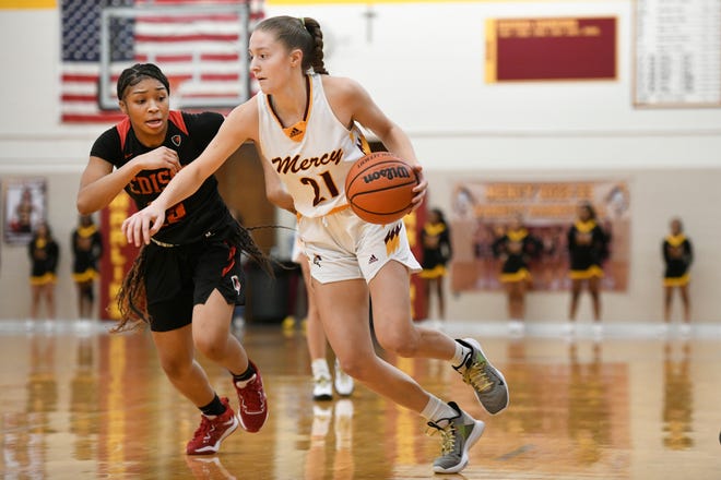Farmington Hills Mercy’s Aizlyn Albanese, right, dribbles around Detroit Edison guard Bailey Pickens in the first quarter, Friday, Feb. 3, 2023, at Mercy HS in Farmington Hills, Mich.