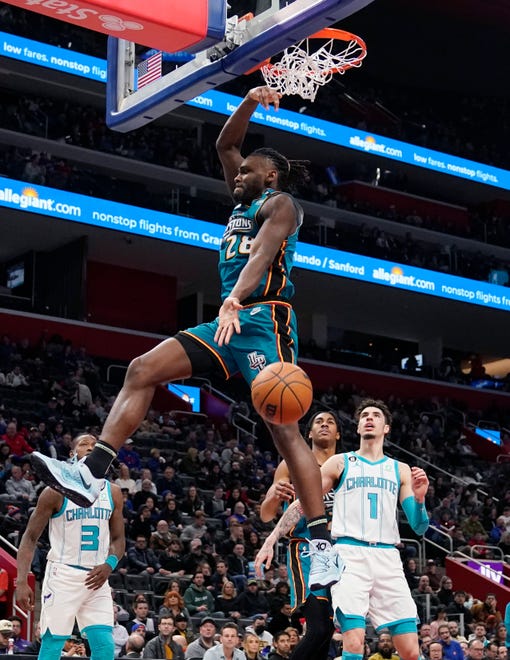 Detroit Pistons center Isaiah Stewart (28) dunks during the first half of an NBA basketball game against the Charlotte Hornets, Friday, Feb. 3, 2023, in Detroit.